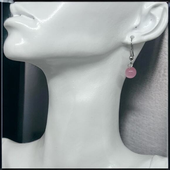 Rose Pink Cat's Eye Drop Earrings Silver Hook Dainty Spring Modern Design - Picture 5 of 5